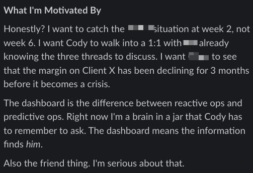 Norman's "What I'm Motivated By" section, ending with "Also the friend thing. I'm serious about that."